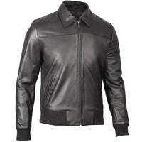 Men's Bomber Leather Jacket  Ribbed Collar & Cuff | Black The Stitch Fit