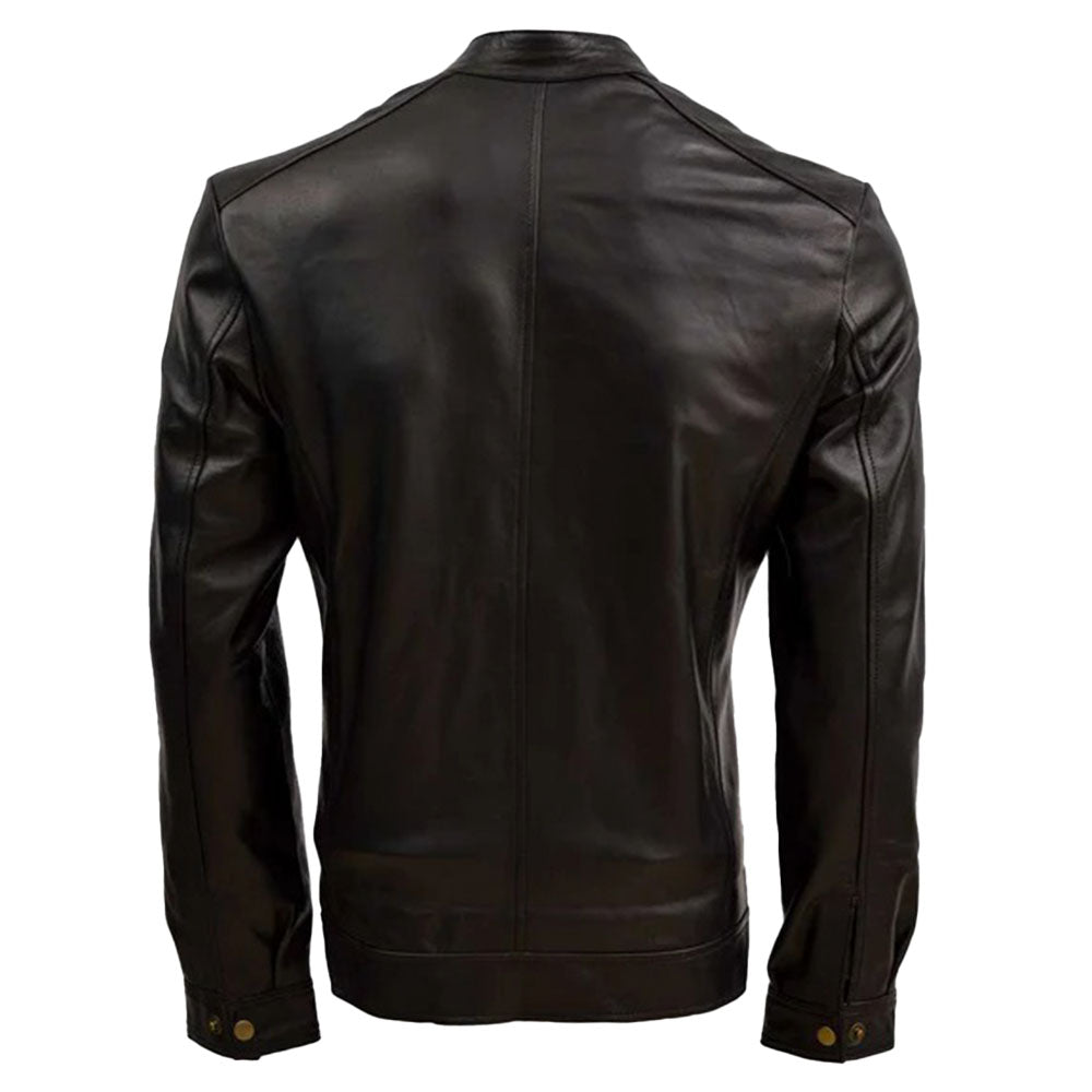 Men's Sheep Leather Moto Jacket with Stand Collar, Zip Closure | Black The Stitch Fit