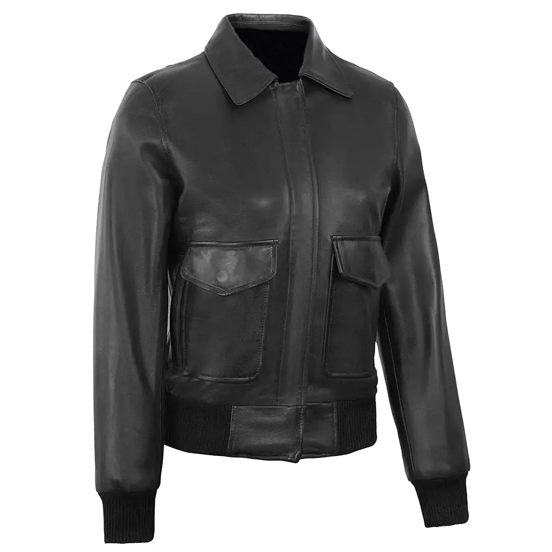 Women's Classic Leather Shirt Collar Bomber Jacket, Zip Front, Ribbed Trim | Black The Stitch Fit
