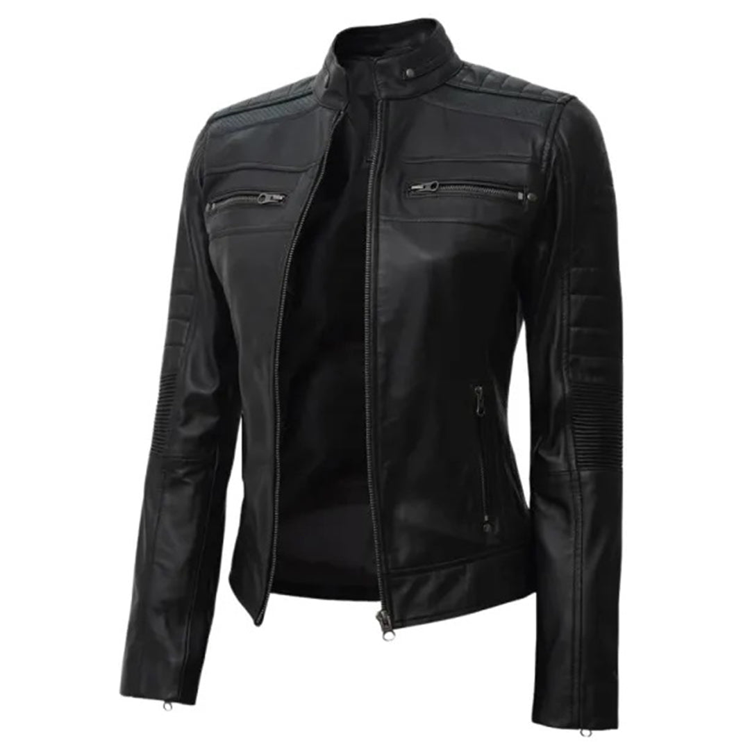 Women's Leather Cafe Racer Biker Jacket with Stand Collar, Padded Shoulders & Sleeves | Black The Stitch Fit