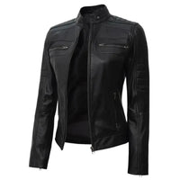 Women's Leather Cafe Racer Biker Jacket with Stand Collar, Padded Shoulders & Sleeves | Black The Stitch Fit