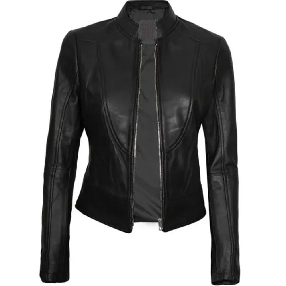 Women's Cafe Racer Motorcycle Leather Jacket, Stand Collar, Front Zipper | Black The Stitch Fit