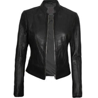 Women's Cafe Racer Motorcycle Leather Jacket, Stand Collar, Front Zipper | Black The Stitch Fit