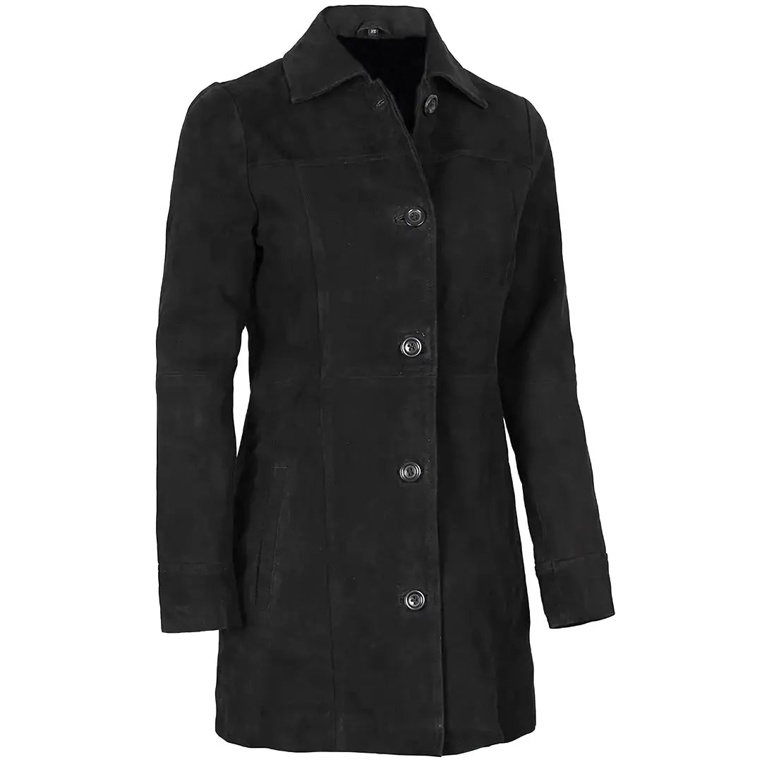 Women's Suede Leather Trench Coat Front Button | Black The Stitch Fit