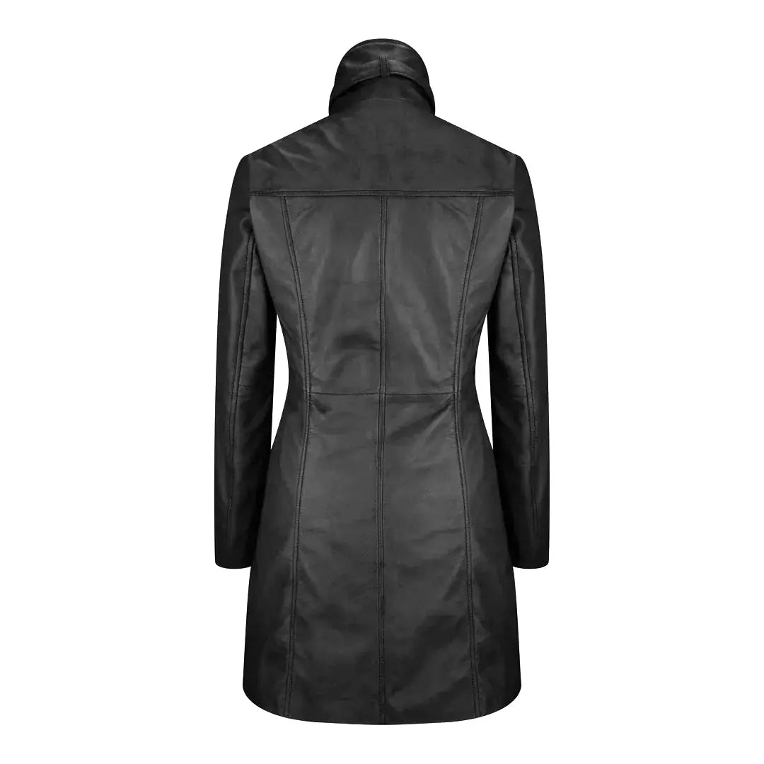 Women's Long Leather Coat, High Neck, Multiple Pockets, Full Zip Front | Black The Stitch Fit