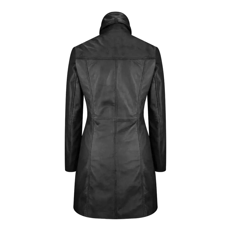 Women's Long Leather Coat, High Neck, Multiple Pockets, Full Zip Front | Black The Stitch Fit