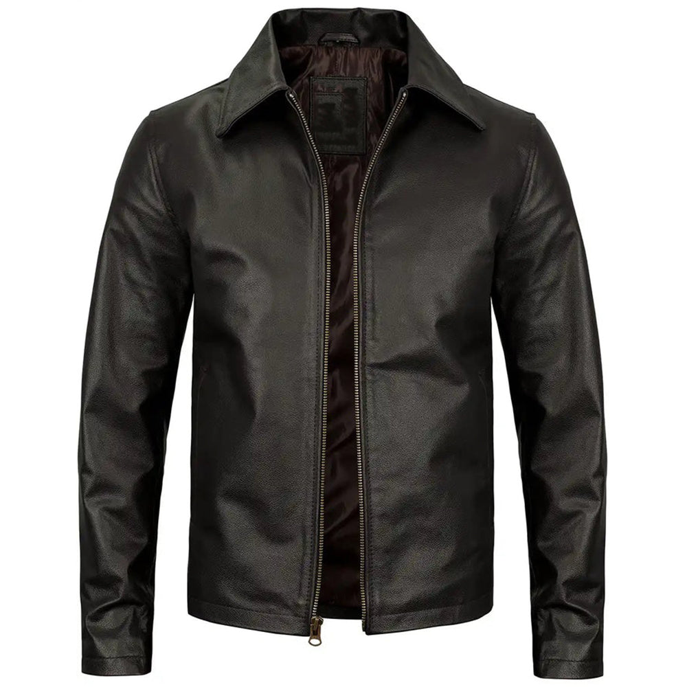 Men's Vintage Harrington Leather Jacket with Shirt Collar | Black The Stitch Fit