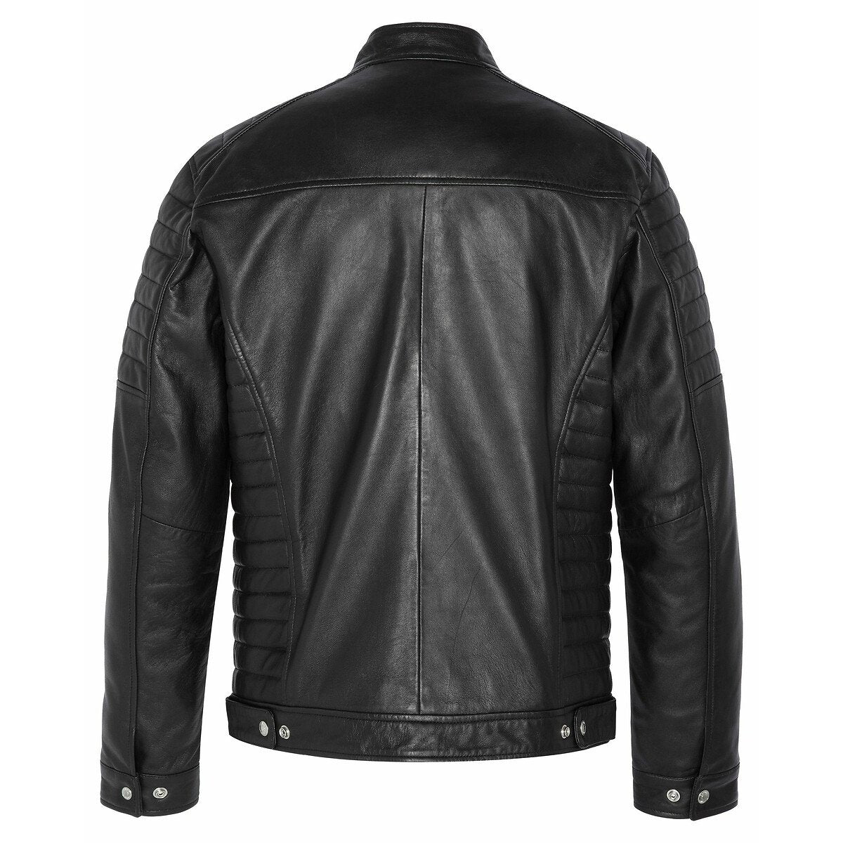 Men's  Leather Jacket with Zippers and Quilted Shoulder | Black The Stitch Fit