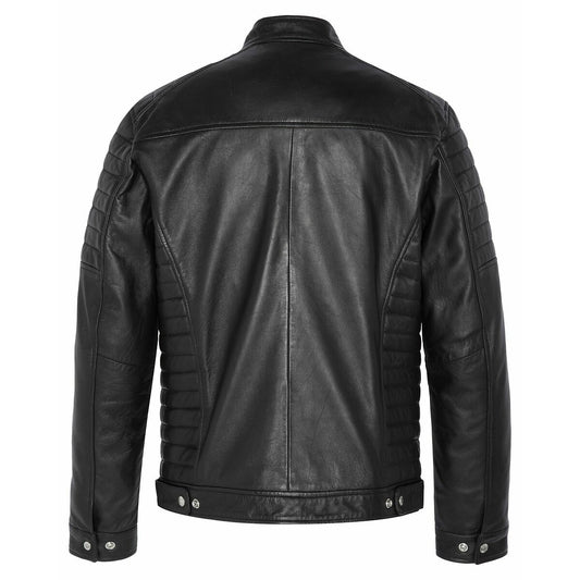 Men's  Leather Jacket with Zippers and Quilted Shoulder | Black