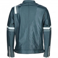 Men's Motorcycle Leather Jacket Gray & White Stripes | Blue & Black The Stitch Fit