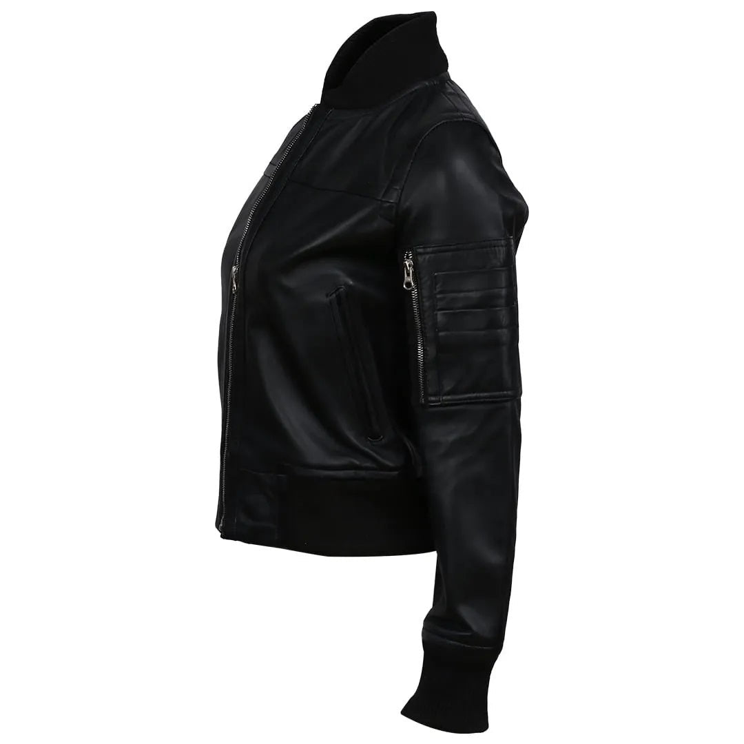 Women's Real Sheep Leather Motorcycle Bomber Jacket | Black The Stitch Fit