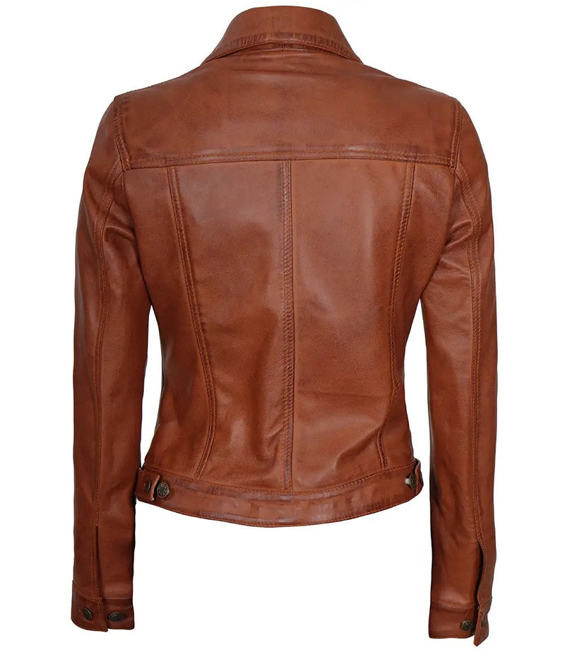 Women's Leather Harrington Moto Trucker Jacket | Brown The Stitch Fit