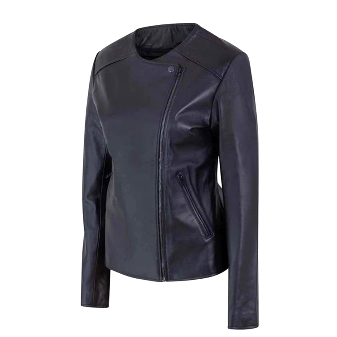 Women's Motorcycle Jacket Zip Front with Lapel Collar | Black The Stitch Fit