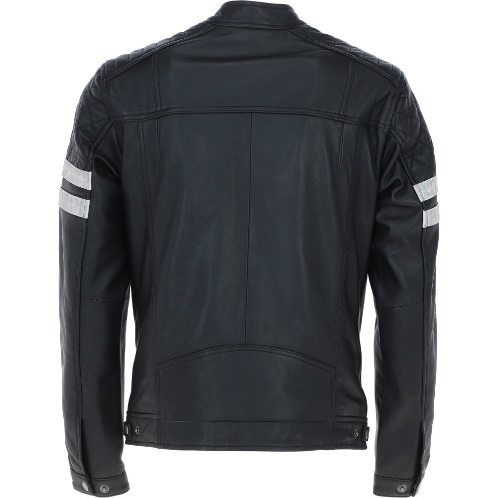 Men's Motorcycle Leather Jacket  Quilted Shoulders, Full Zip | Black & Blue The Stitch Fit