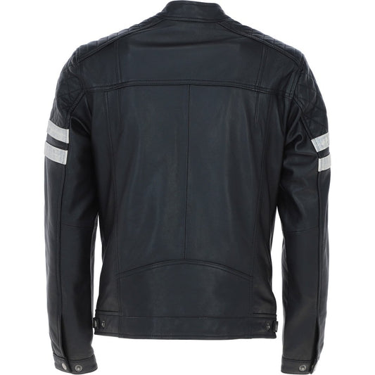 Men's Motorcycle Leather Jacket  Quilted Shoulders, Full Zip | Black & Blue