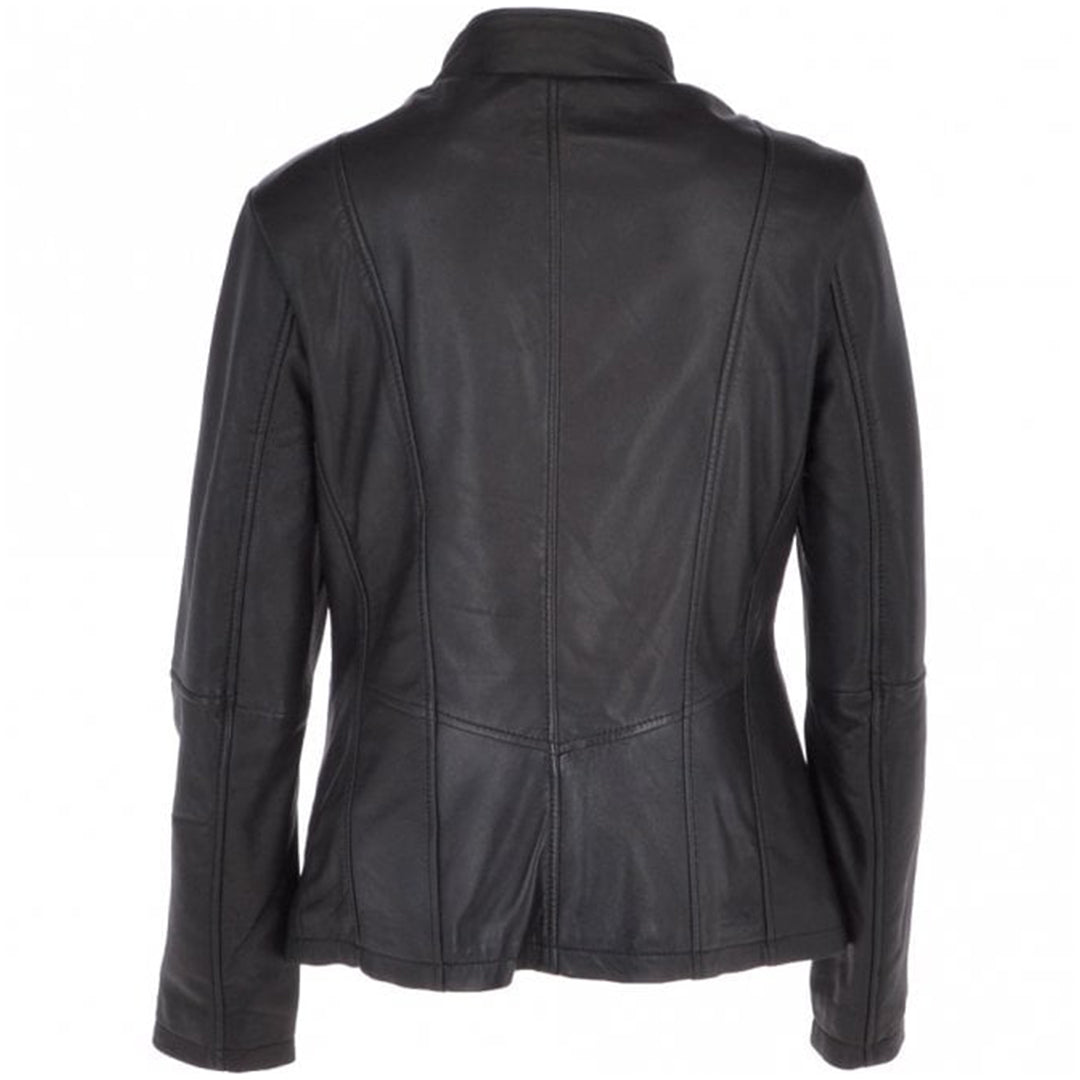 Women's Biker Style Leather Jacket With Zip Front & Stand Collar | Black The Stitch Fit