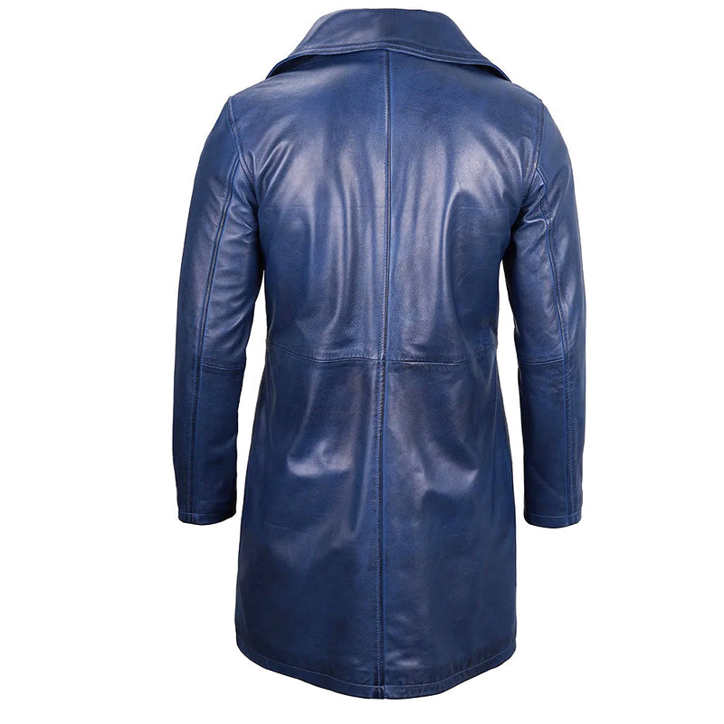 Men's  3/4 Length Trench Leather Coat | Navy Blue The Stitch Fit