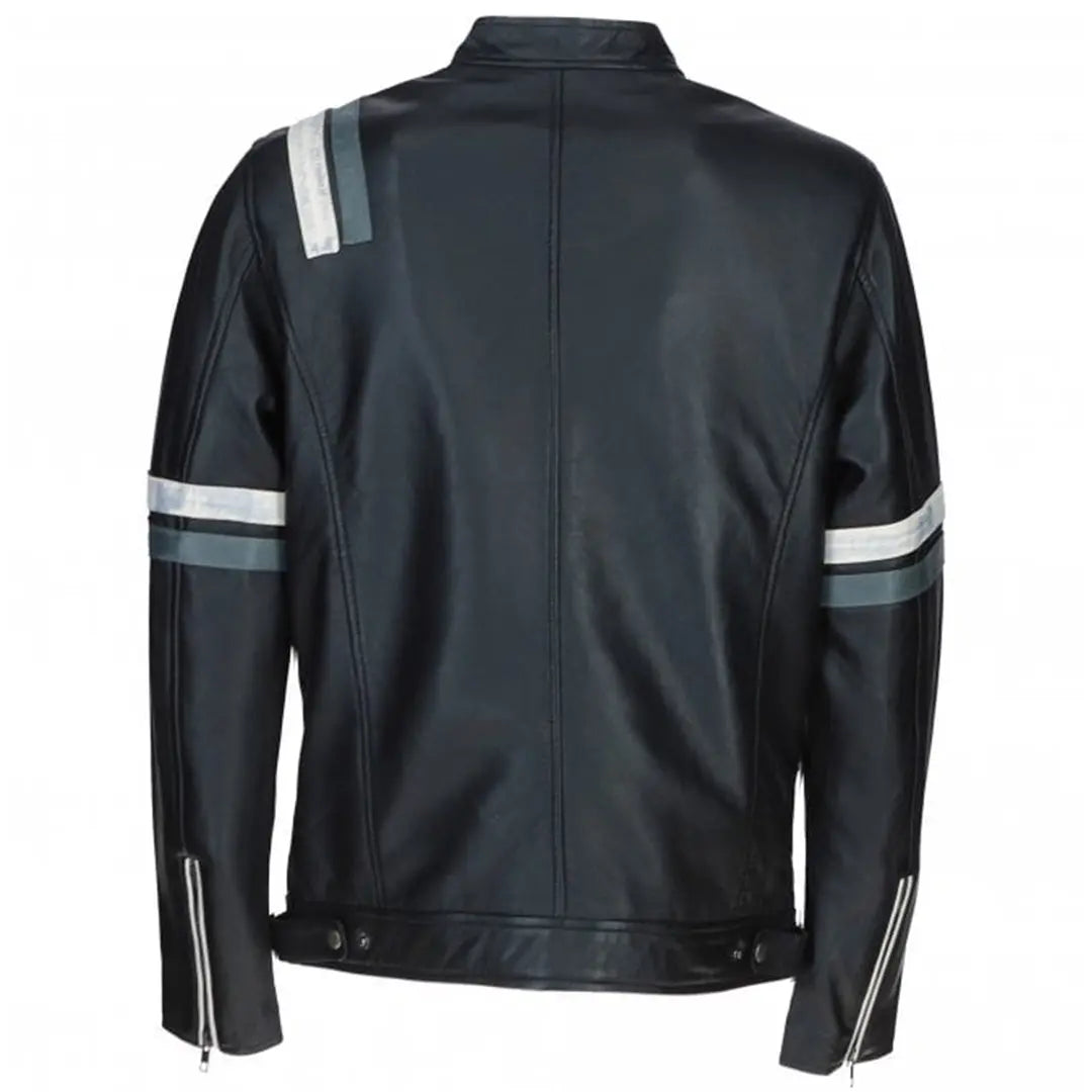 Men's Motorcycle Leather Jacket Gray & White Stripes | Blue & Black The Stitch Fit