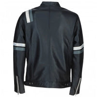 Men's Motorcycle Leather Jacket Gray & White Stripes | Blue & Black The Stitch Fit