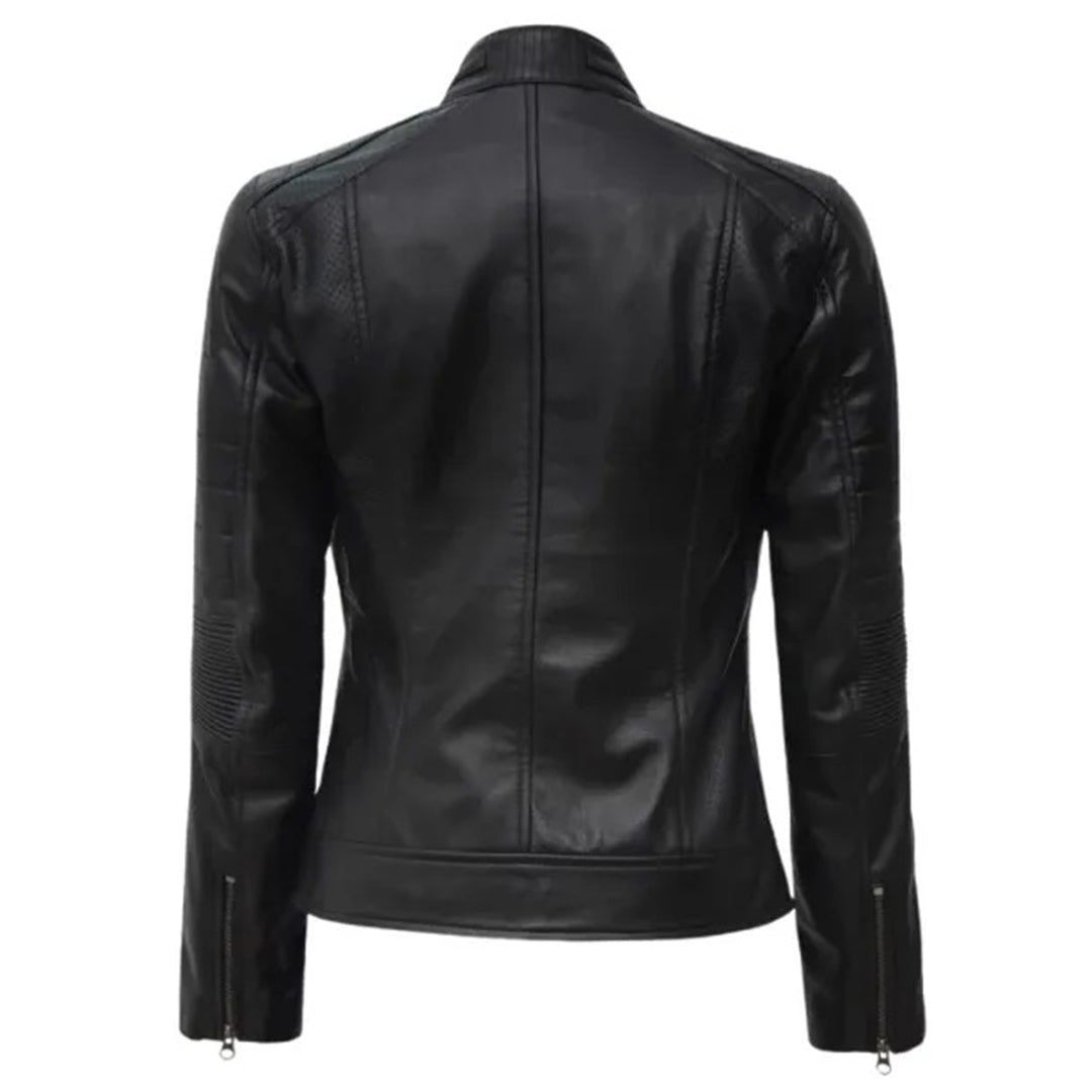 Women's Leather Cafe Racer Biker Jacket with Stand Collar, Padded Shoulders & Sleeves | Black The Stitch Fit