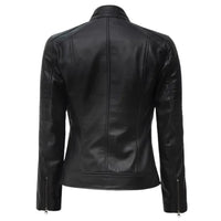 Women's Leather Cafe Racer Biker Jacket with Stand Collar, Padded Shoulders & Sleeves | Black The Stitch Fit