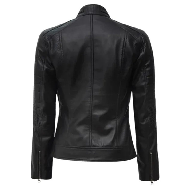 Women's Leather Cafe Racer Biker Jacket with Stand Collar, Padded Shoulders & Sleeves | Black The Stitch Fit