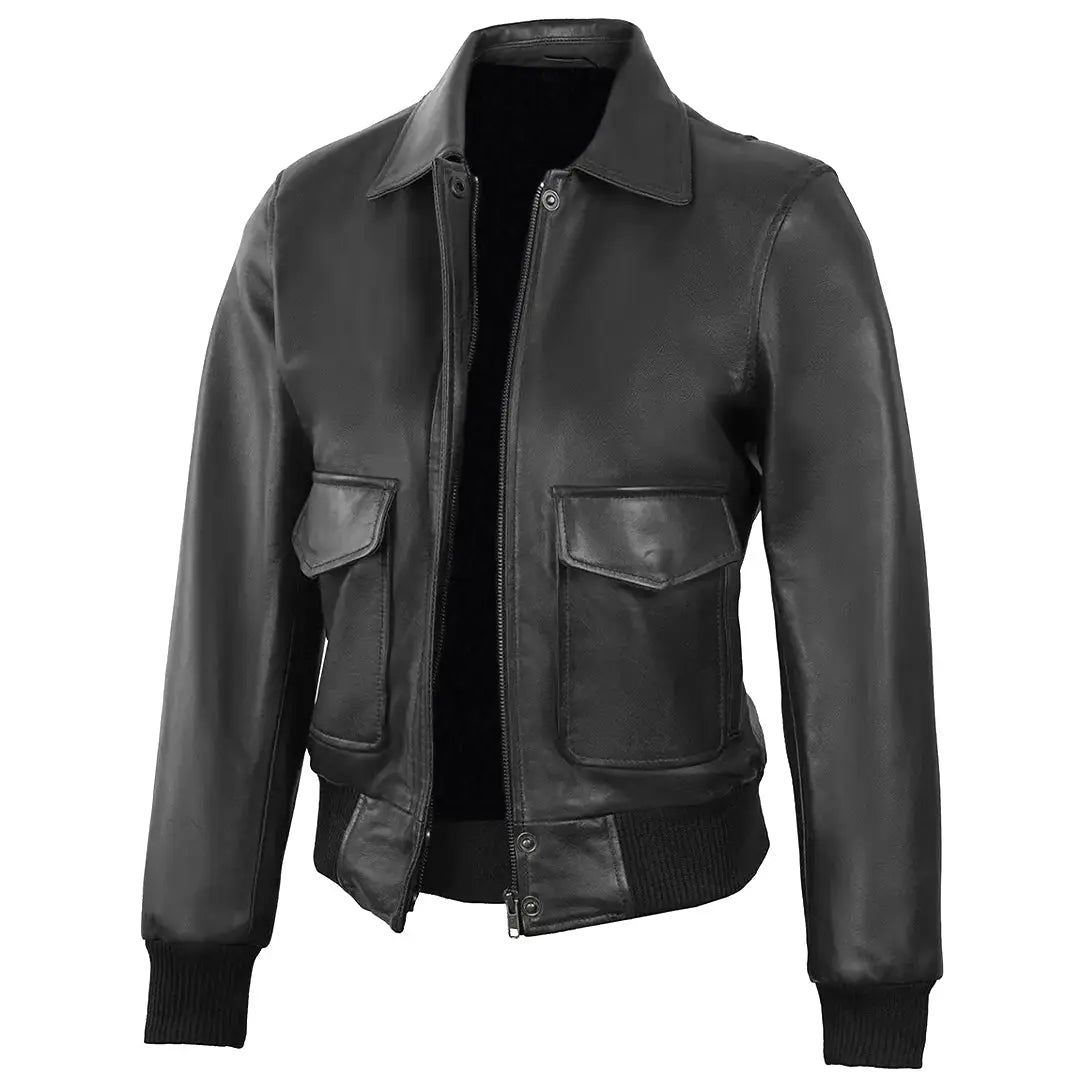 Women's Classic Leather Shirt Collar Bomber Jacket, Zip Front, Ribbed Trim | Black The Stitch Fit