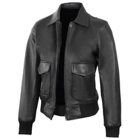 Women's Classic Leather Shirt Collar Bomber Jacket, Zip Front, Ribbed Trim | Black The Stitch Fit