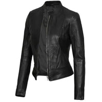 Women's Cafe Racer Motorcycle Leather Jacket, Stand Collar, Front Zipper | Black The Stitch Fit
