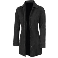Women's Suede Leather Trench Coat Front Button | Black The Stitch Fit