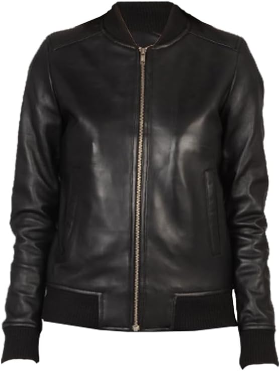 Women's Real Sheep Leather Motorcycle Bomber Jacket | Black