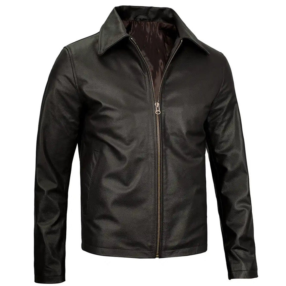 Men's Vintage Harrington Leather Jacket with Shirt Collar | Black The Stitch Fit