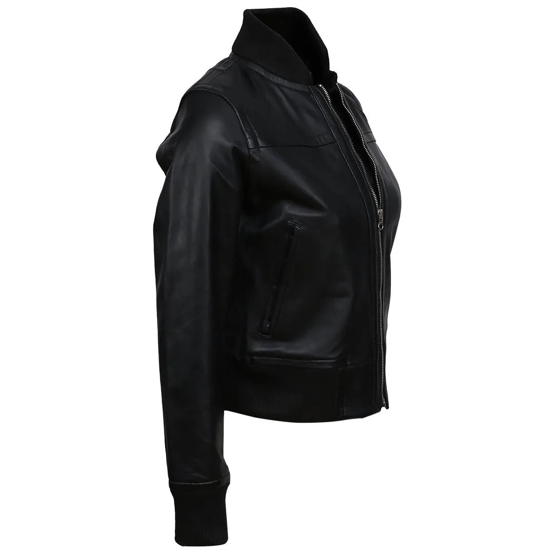 Women's Real Sheep Leather Motorcycle Bomber Jacket | Black The Stitch Fit