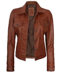 Women's Leather Harrington Moto Trucker Jacket | Brown The Stitch Fit