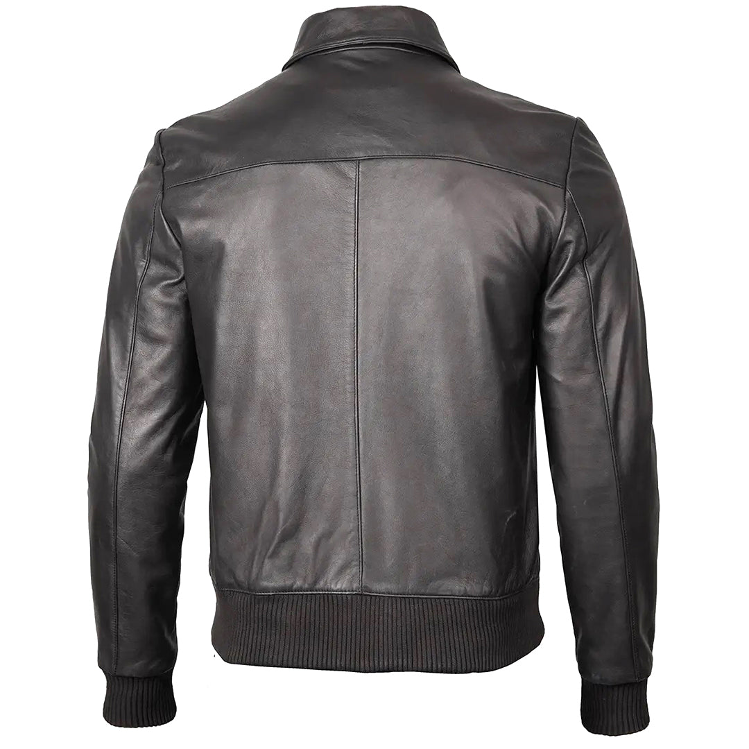 Men's Bomber Leather Jacket  Ribbed Collar & Cuff | Black The Stitch Fit