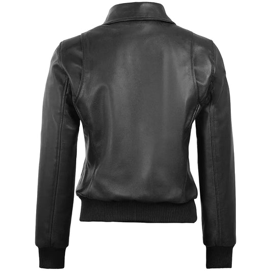 Women's Classic Leather Shirt Collar Bomber Jacket, Zip Front, Ribbed Trim | Black