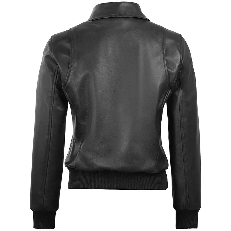 Women's Classic Leather Shirt Collar Bomber Jacket, Zip Front, Ribbed Trim | Black The Stitch Fit