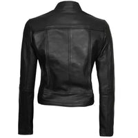 Women's Cafe Racer Motorcycle Leather Jacket, Stand Collar, Front Zipper | Black The Stitch Fit
