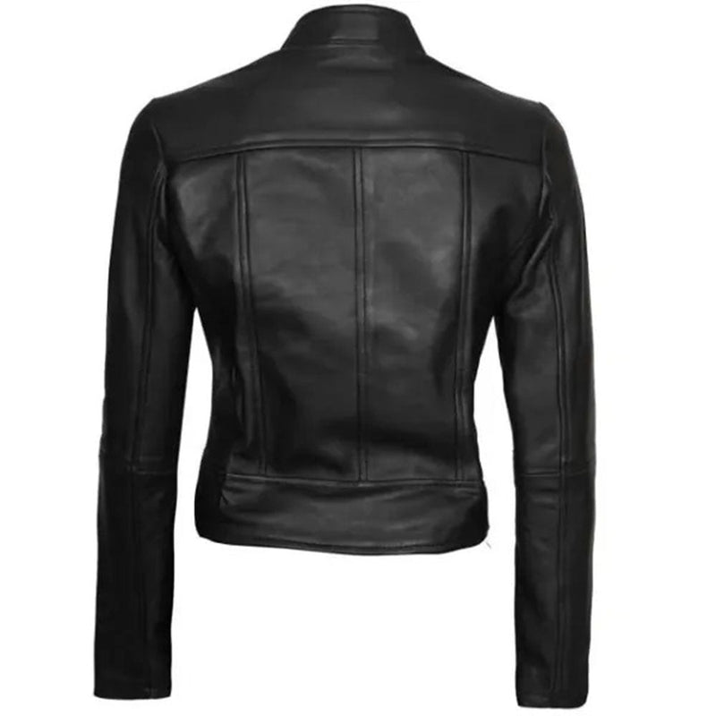Women's Cafe Racer Motorcycle Leather Jacket, Stand Collar, Front Zipper | Black The Stitch Fit