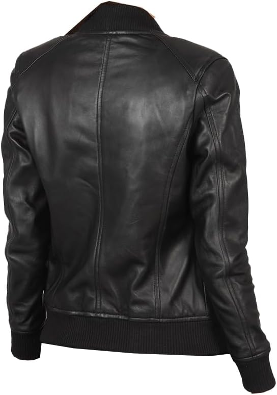 Women's Real Sheep Leather Motorcycle Bomber Jacket | Black
