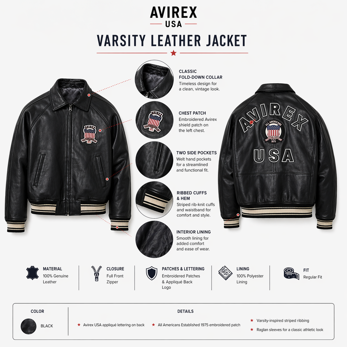 Men's Avirex Real Leather Jacket, Black Flight Bomber, American Varsity Style | Black