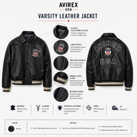 Men's Avirex Real Leather Jacket, Black Flight Bomber, American Varsity Style | Black