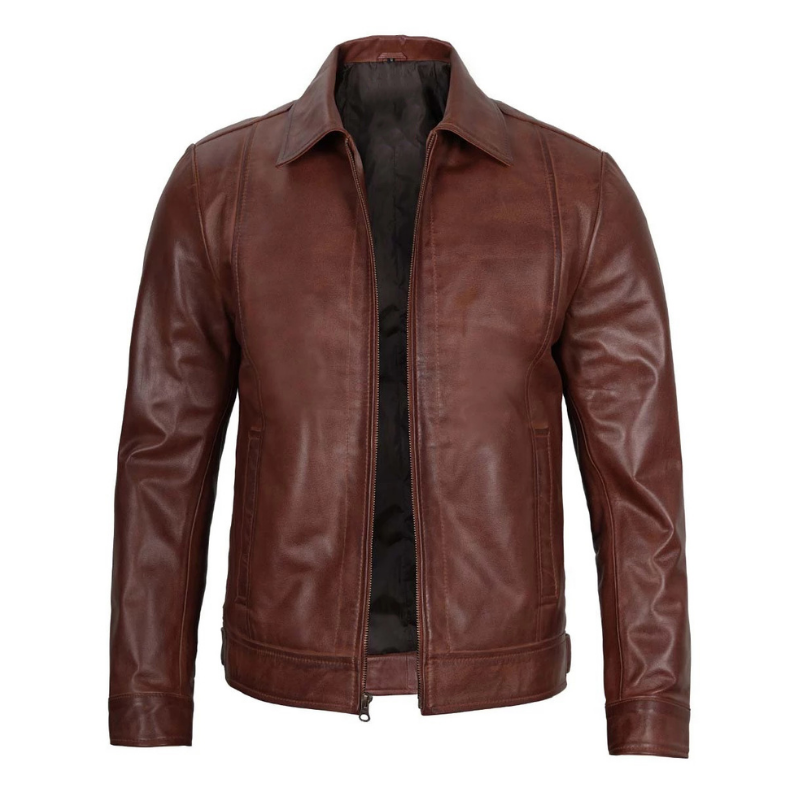 Brown Harrington Genuine leather jacket on a white background

