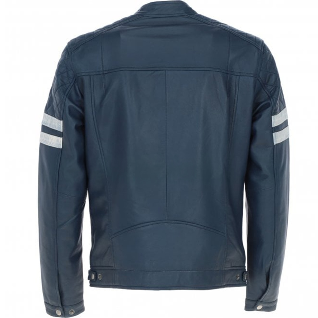 Men's Leather Motorcycle Jacket with Quilted Shoulder & White Stripes | Blue & Black The Stitch Fit