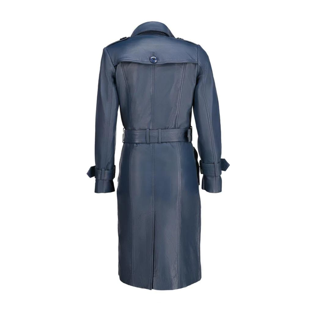 Womens Double Breasted Leather Trench Coat | Blue The Stitch Fit