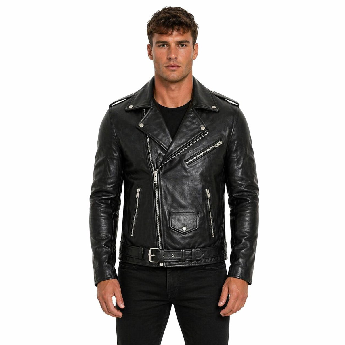 Men's Asymmetrical Genuine Leather Jacket | Black The Stitch Fit