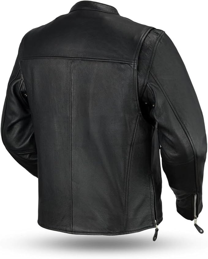 Men's Leather Biker Jacket with Zipper Closure | Black The Stitch Fit
