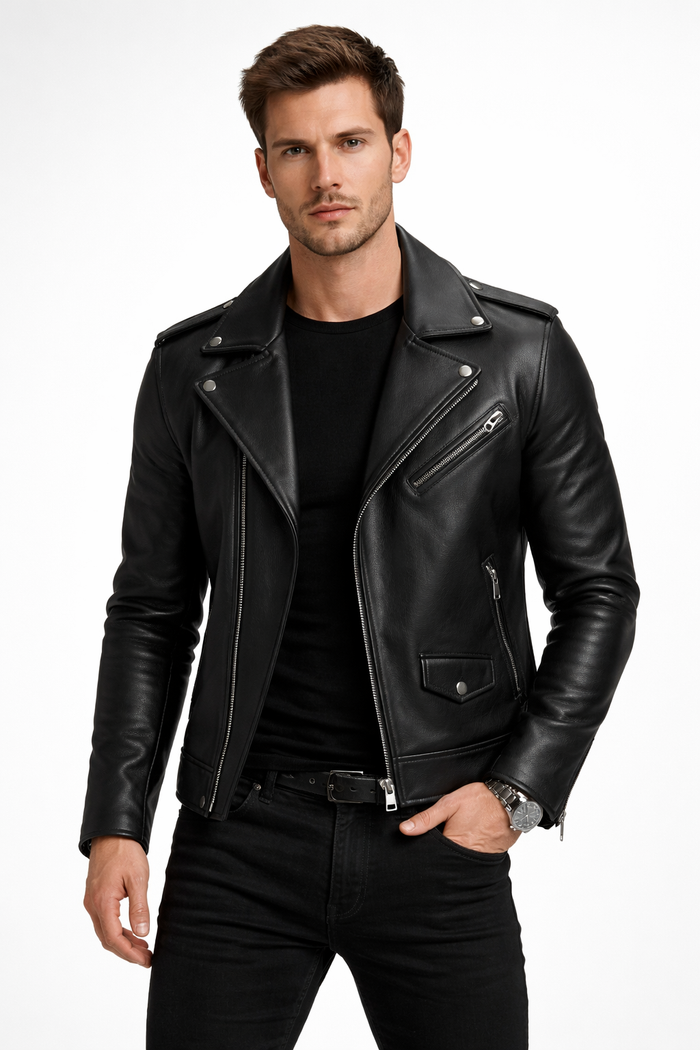 Men’s Black Biker Leather Jacket – Real Leather Moto Jacket with Notched Lapel, Slim Fit Motorcycle Coat