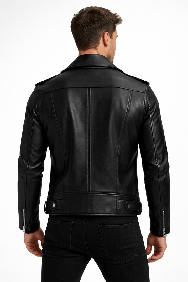 Men’s Black Biker Leather Jacket – Real Leather Moto Jacket with Notched Lapel, Slim Fit Motorcycle Coat