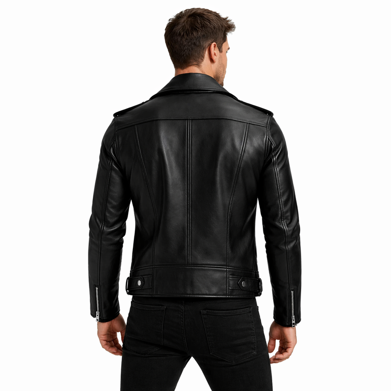 Men’s Black Biker Leather Jacket – Real Leather Moto Jacket - The Stitch Fit